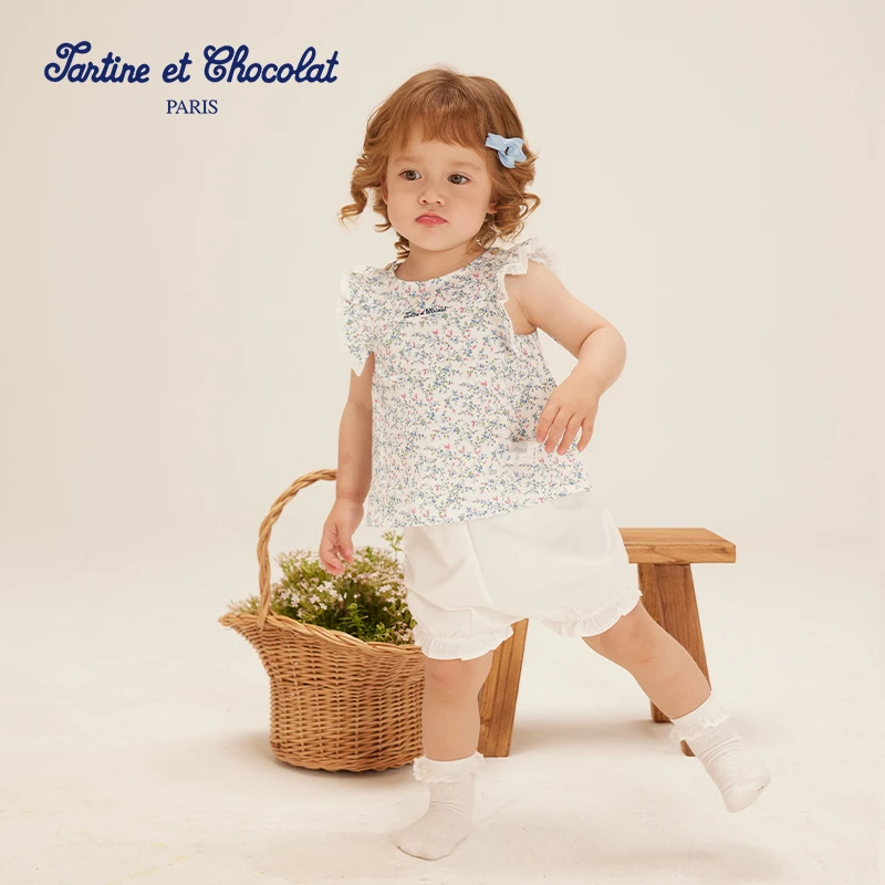 TC法国巧克力童装夏季新款女婴25小童碎花印花上下分体套装婴童