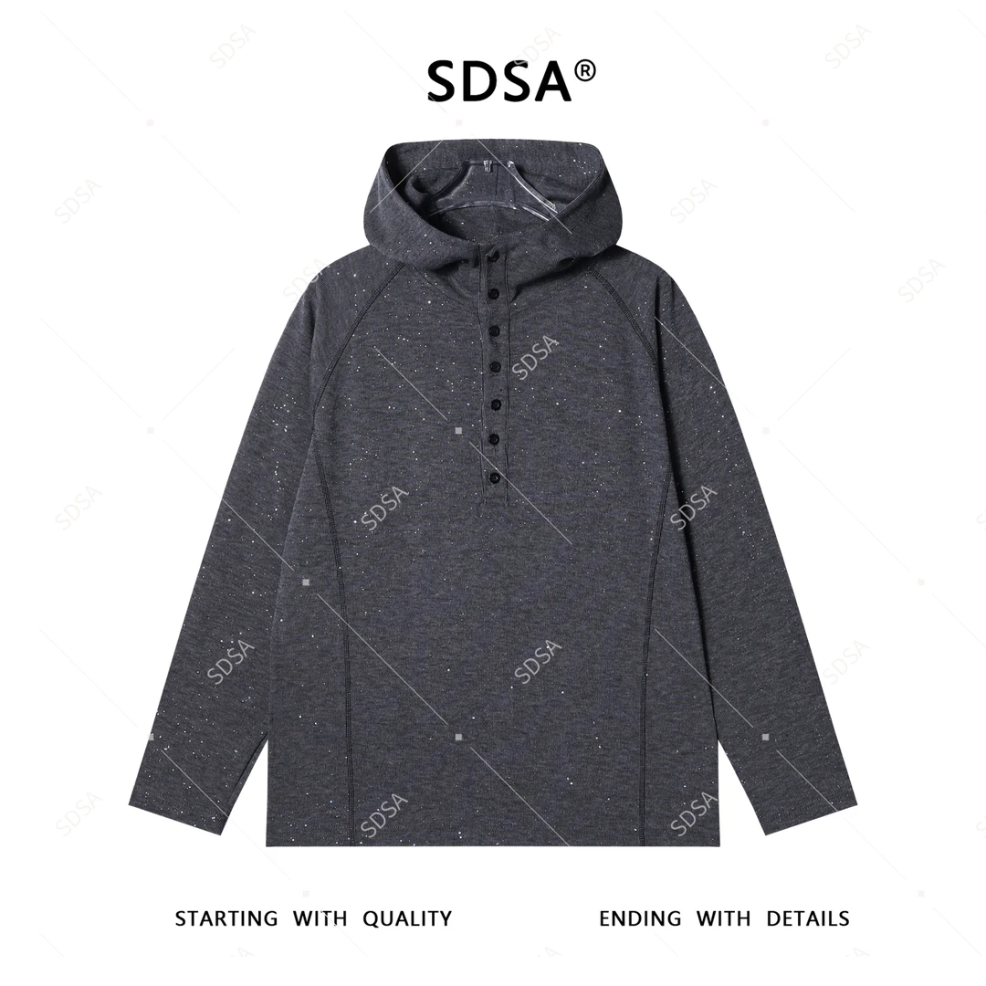 SDSA男士秋冬新款轻奢痞帅男装满天星缝线半纽扣立领连帽长袖T恤