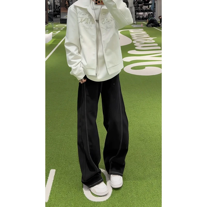 美式明线轮廓黑色牛仔裤男女同款百搭直筒新款潮牌高级感阔腿裤潮