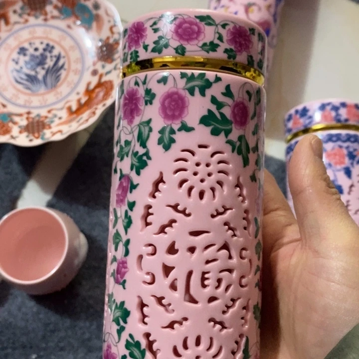 摆件陶红稀土绿叶玲珑保温杯