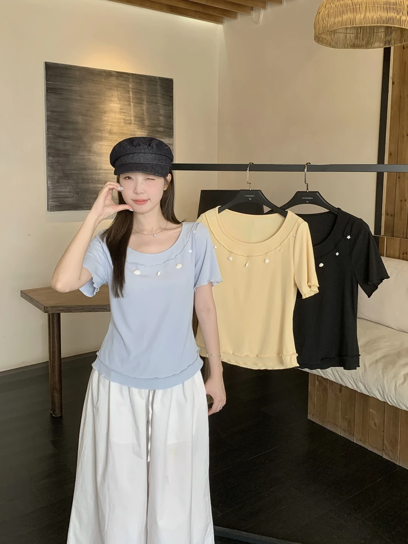 【鱼白专属】清2025夏胖mm大码圆领木耳边贝壳T恤法式甜美上衣64963