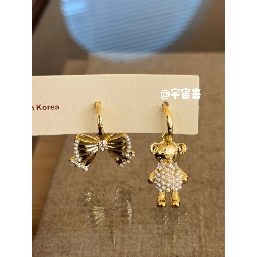 铜合金仿珍珠耳饰 I2-662【ab蝴蝶结小熊小米珠耳扣】