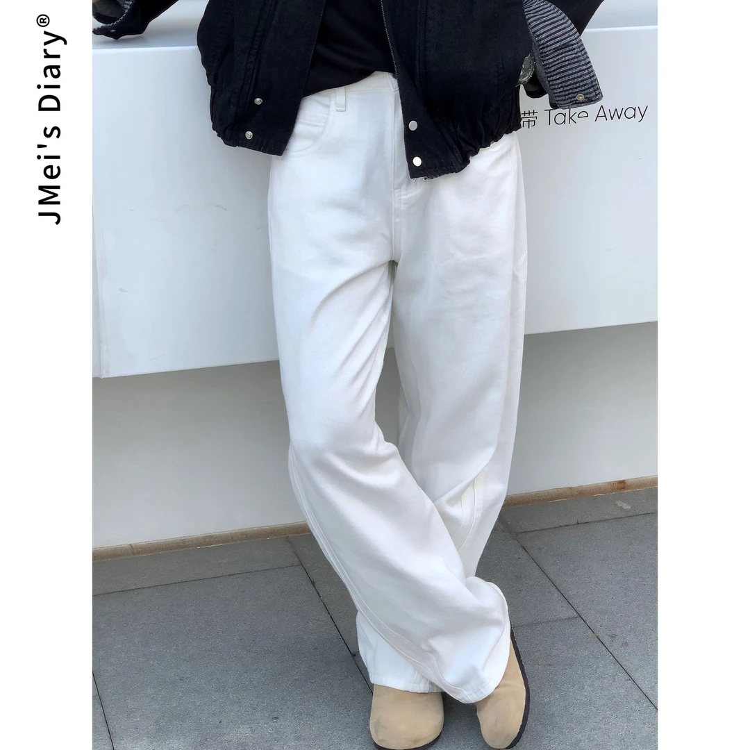 JMei's Diary纯棉白色小弯刀牛仔裤双条杠高腰显瘦显高百搭设计感