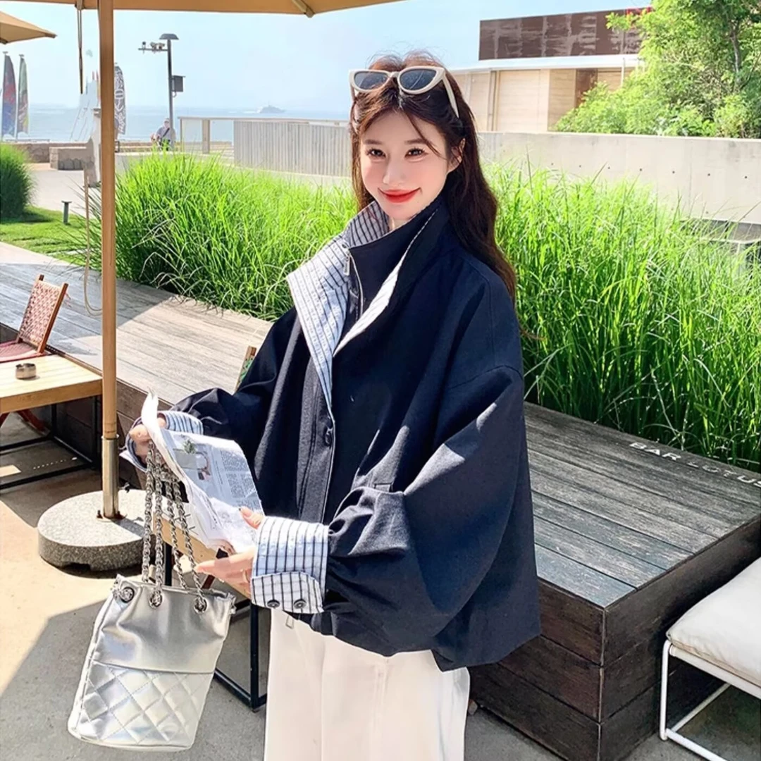设计感复古格纹外套女2025年早秋南油新款时尚百搭撞色拼接宽松夹