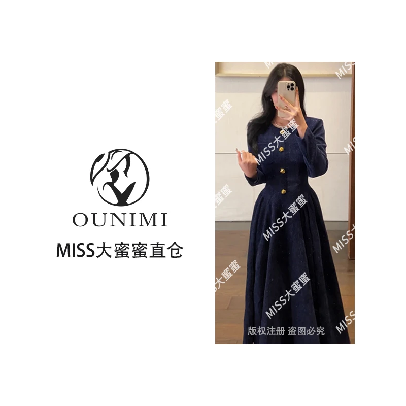 高级感圆领连衣裙女春季小香风气质名媛收腰显瘦百褶长裙D0122