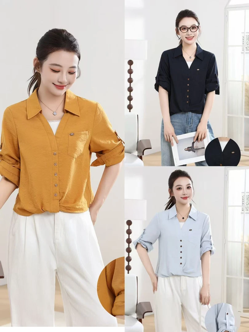 5281#时尚气质休闲衬衫领显瘦早秋套头长袖百搭上衣