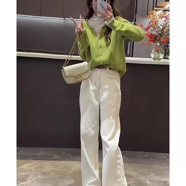 早秋搭配一整套2025针织开衫牛仔阔腿裤两件套休闲洋气时髦套装女