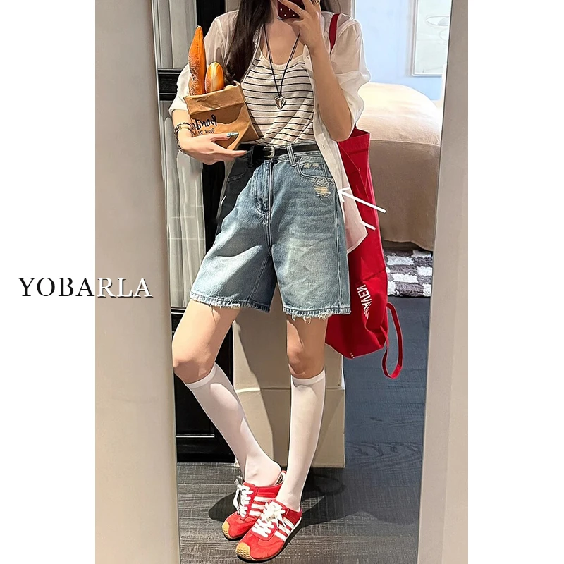 蓝色破洞毛边牛仔短裤女夏季新款大码高腰梨型身材遮肚显瘦直筒裤