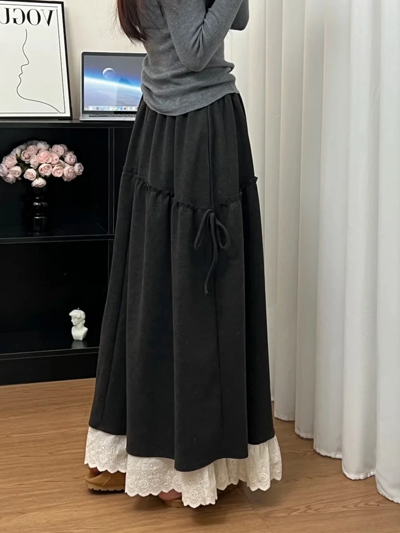 灰色半身裙女秋大码胖mm软糯a字长裙梨型身材遮胯蕾丝花边毛呢裙