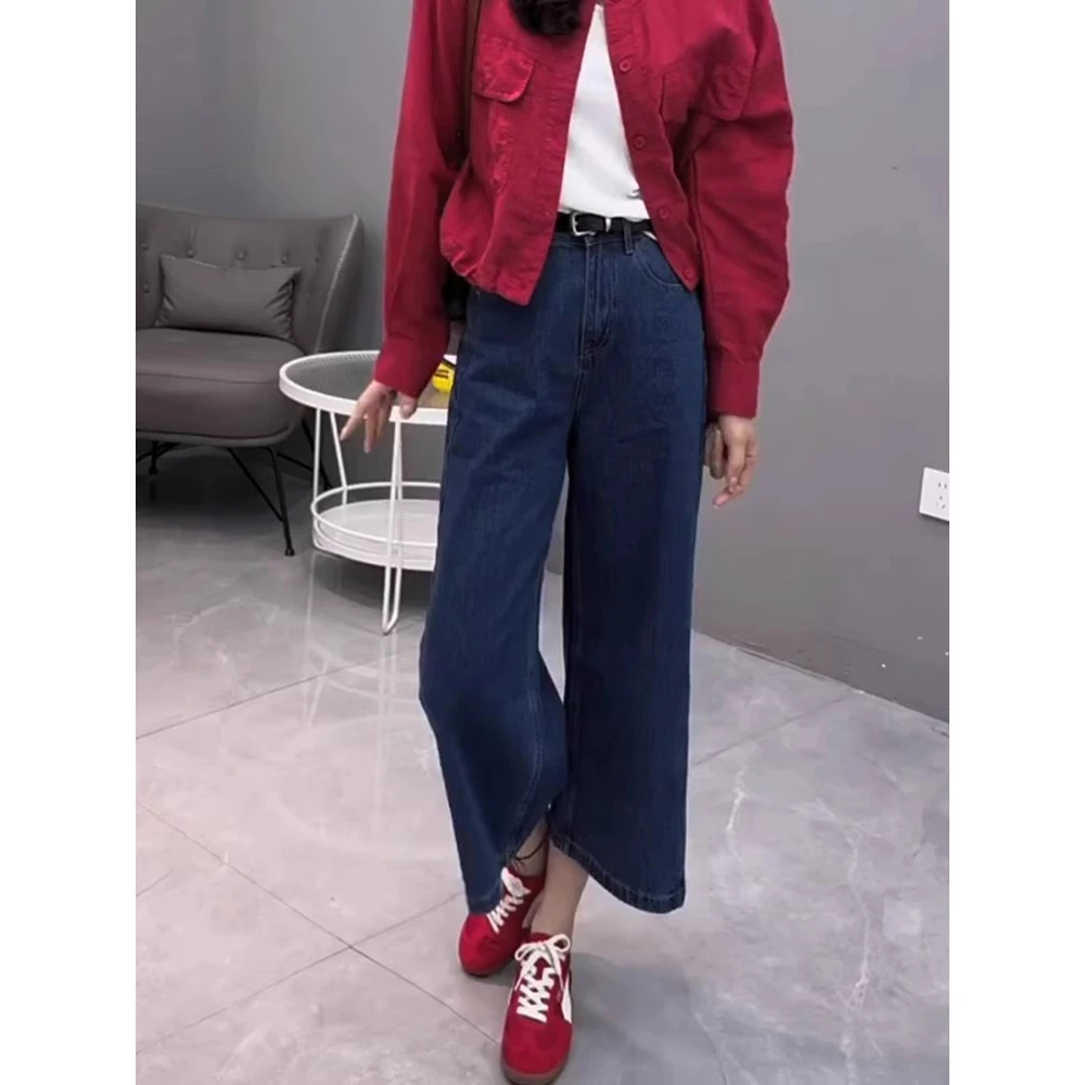 2025春夏新款蓝色阔腿牛仔裤女梨形身材高腰宽松显瘦直筒九分裤子