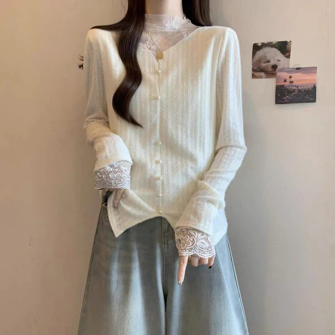 网纱拼接蕾丝洋气打底衫女秋冬半高领加绒打底