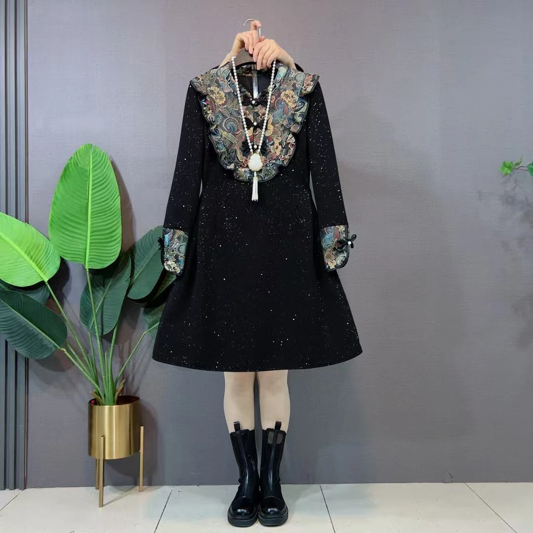 胖mm复古盘扣改良旗袍连衣裙秋冬装显瘦遮肚高级感亮星国风裙子女