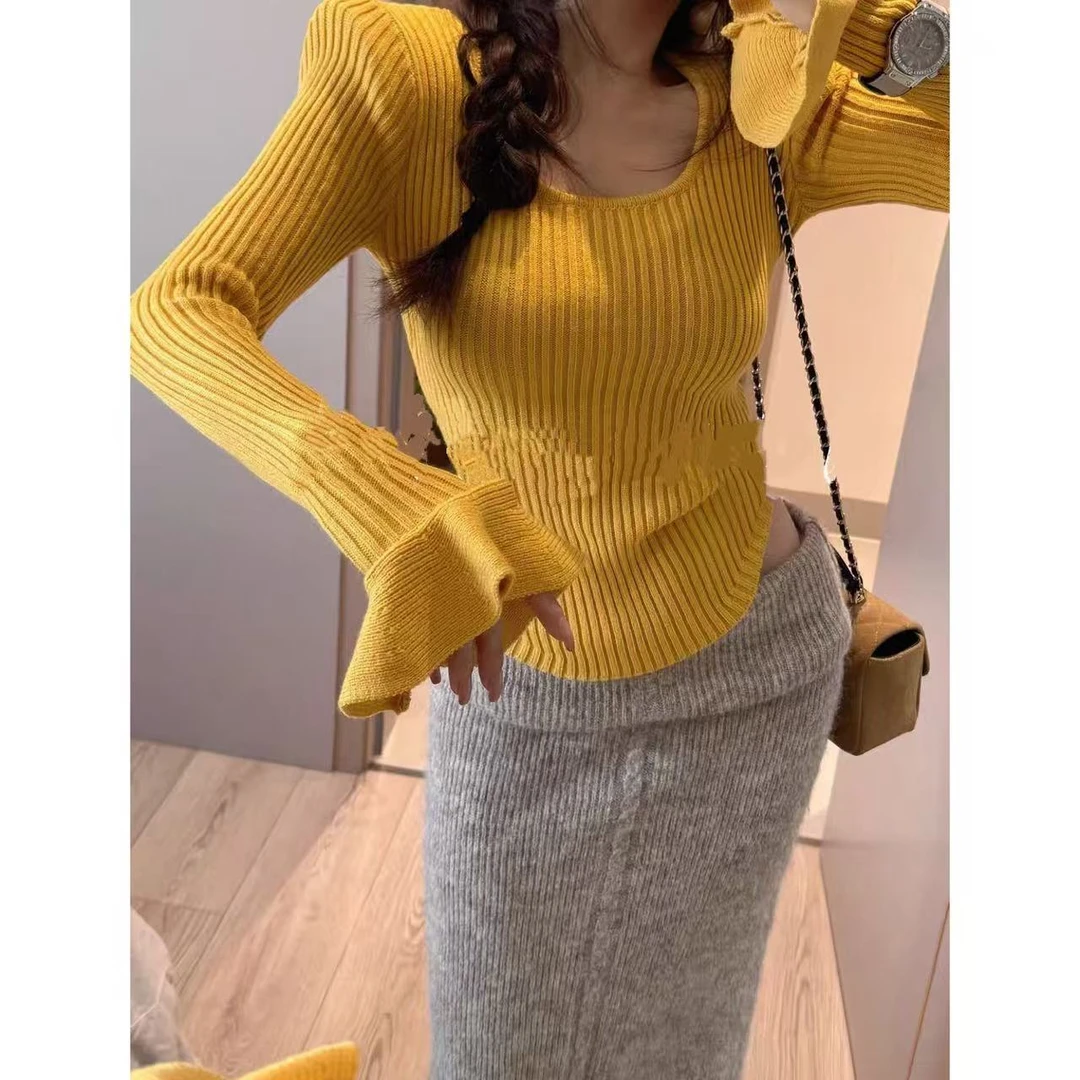 【赵小胖优选】法式气质秋冬新款喇叭袖收腰显瘦上衣