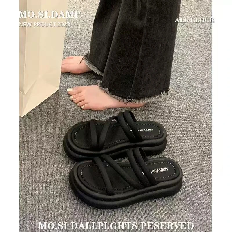 韩版一字拖时尚百搭厚底休闲圆头夏季薄款松糕跟凉鞋浅口