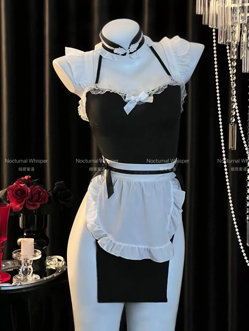 暗夜蜜语【超嗲女孩】性感火辣纯欲风俏皮女PU花边套装女佣睡衣