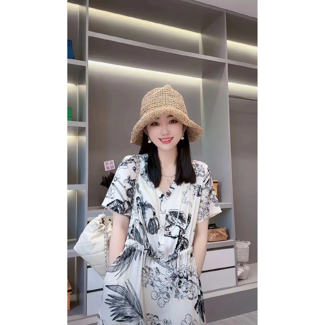 《CHUN》树叶手绘印花桑蚕丝连衣裙