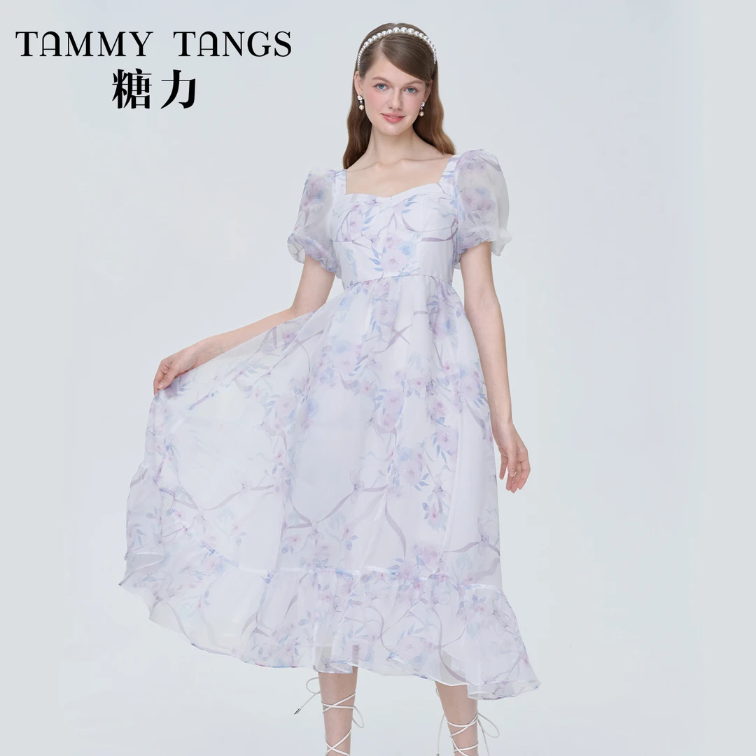 【官号专属】糖力清新淡雅泡泡短袖欧根纱印花连衣裙中长款夏