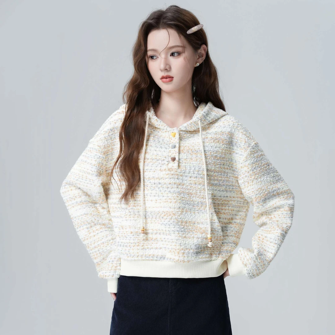 彩色条纹连帽卫衣女春秋2025秋季新款宽松慵懒风套头带帽短款上衣