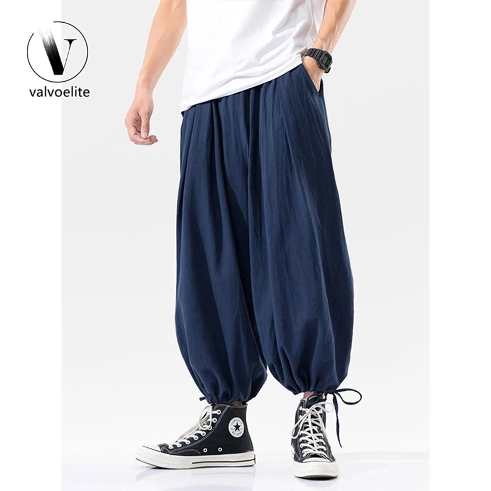 VALVOELITE亚麻男夏季阔腿宽松大码九分运动裤潮复古抽绳束脚裤子