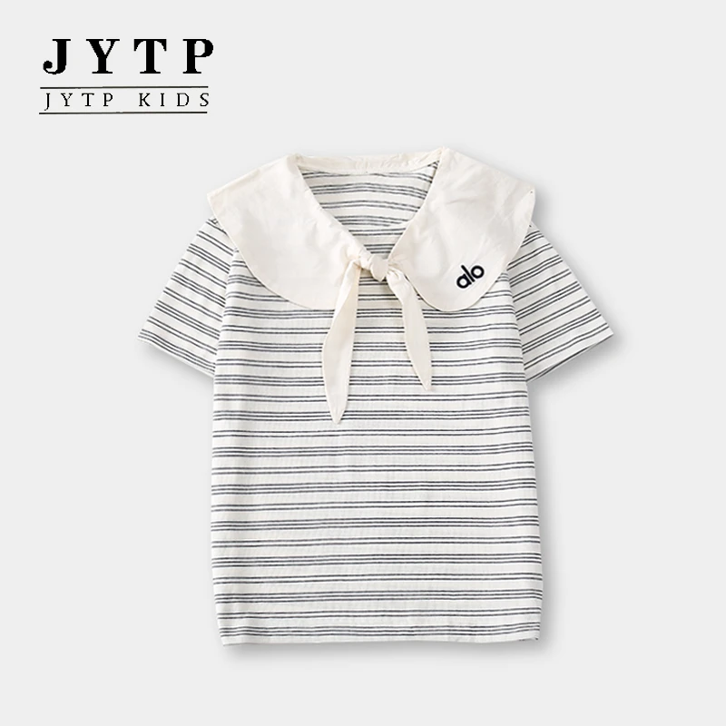（100%纯棉短袖）夏季新款女大童条纹翻领短袖T大童zb5709简约童品