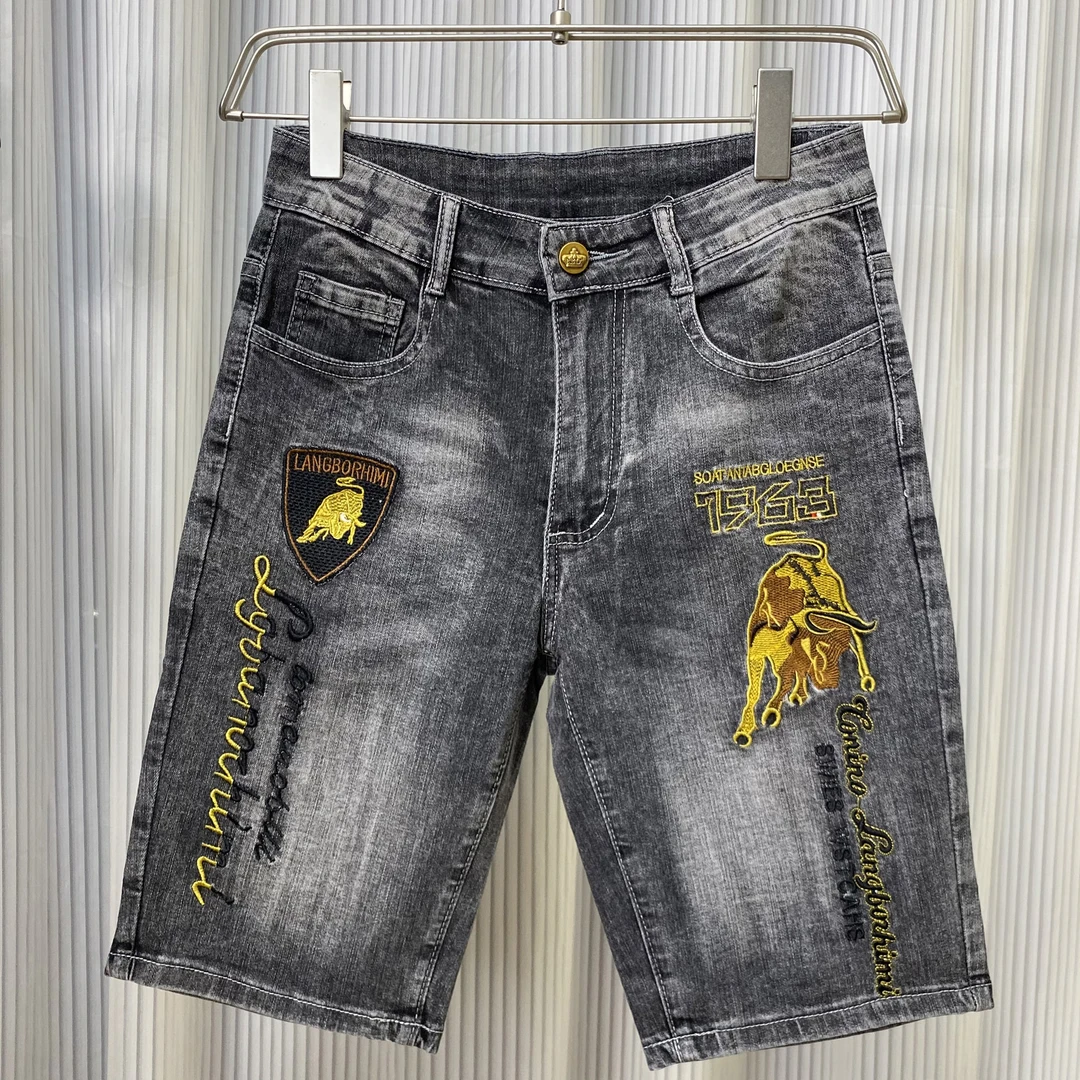 高端欧货潮牌重工刺绣补丁牛仔短裤男士印花中裤休闲外穿五分裤男