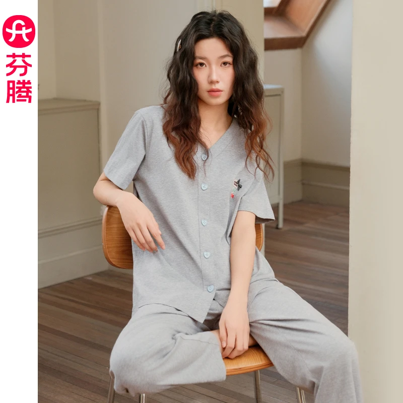 芬腾夏季女睡衣纯棉短袖长裤夏天凉感薄款大码休闲家居服女款套装