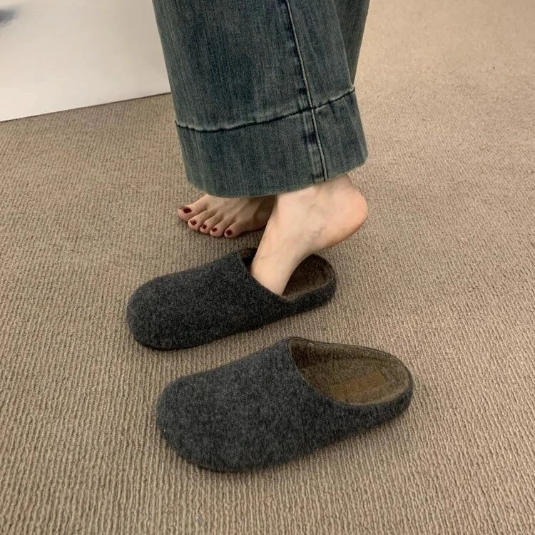 复古圆头毛毡包头半拖鞋女秋冬外穿棉鞋懒人一脚蹬厚底加绒勃肯鞋