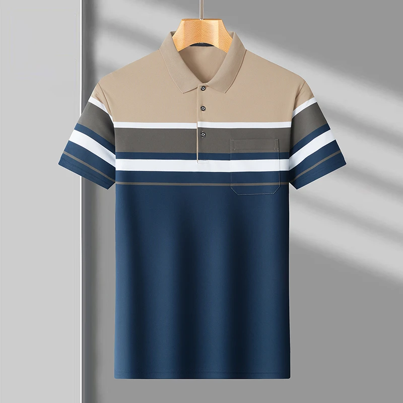 中老年男士休闲条纹翻领短袖T恤夏季薄款透气半袖爸爸装宽松上衣