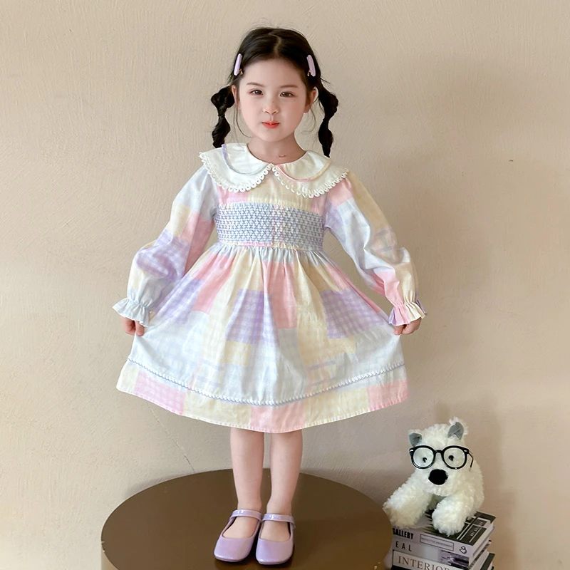 2025新款女童连衣裙印花束口袖格子拼接娃娃领中小童洋气公主裙