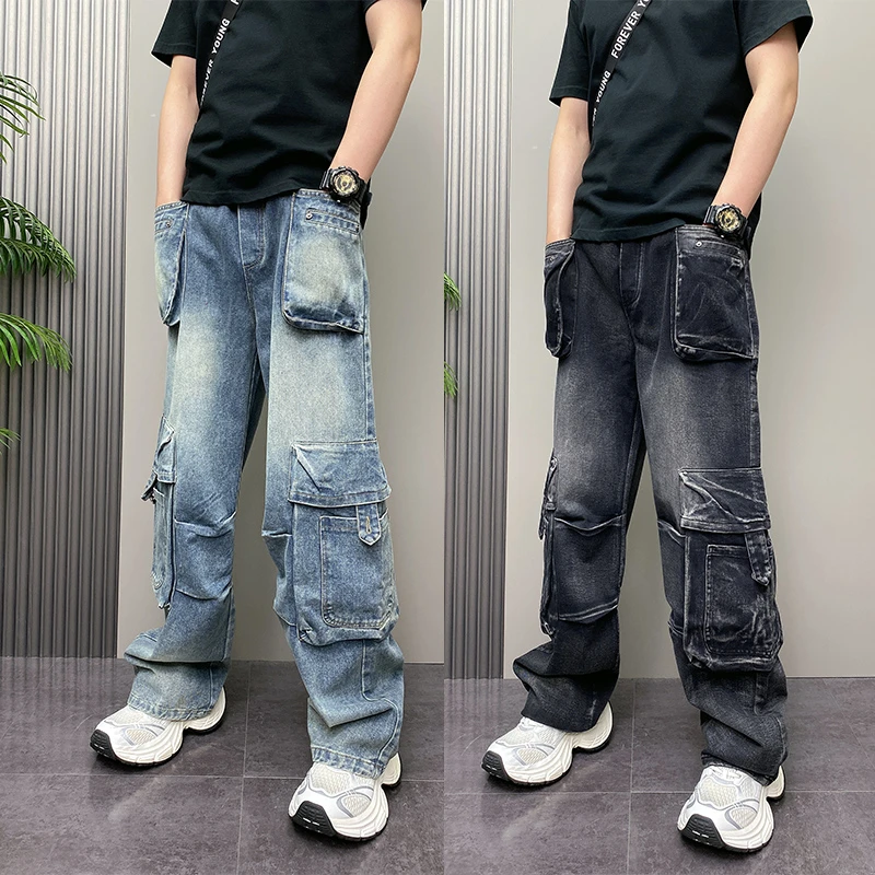 2025年秋季新款工装牛仔裤春秋男士大口袋复古宽松直筒工装休闲裤