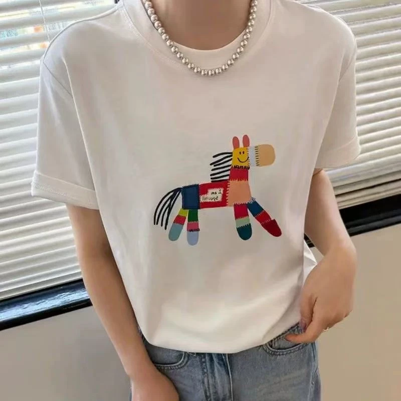 重工刺绣【彩色小马】2025年洋气甜美时尚潮流设计感卡通短袖25033