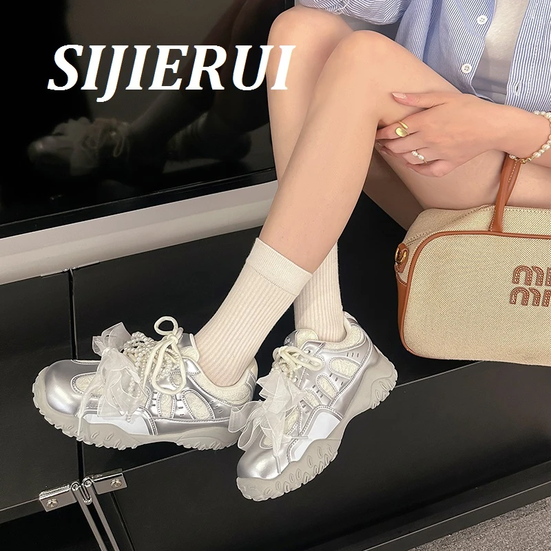 SIJIERUI真皮复古珍珠芭蕾银色德训鞋女厚底内增高休闲运动阿甘鞋