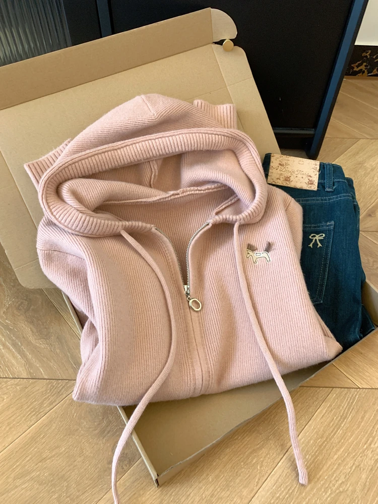 韩系设计感粉色双拉链连帽针织开衫毛衣外套女士慵懒风高级感上衣