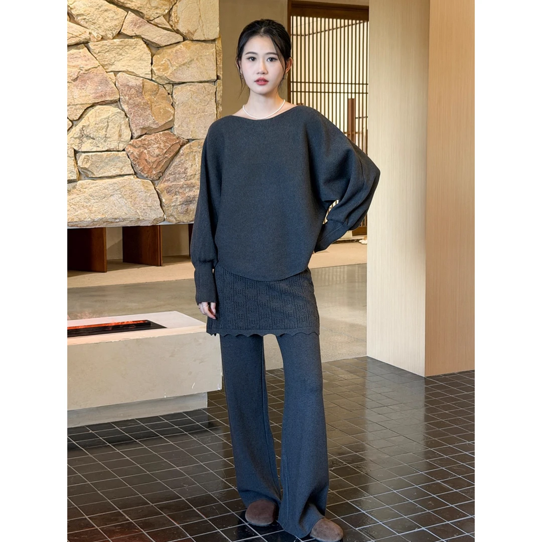 冬季套装女蝙蝠袖毛衣打底衫针织上衣外穿皮帘阔腿显瘦裤子两件套