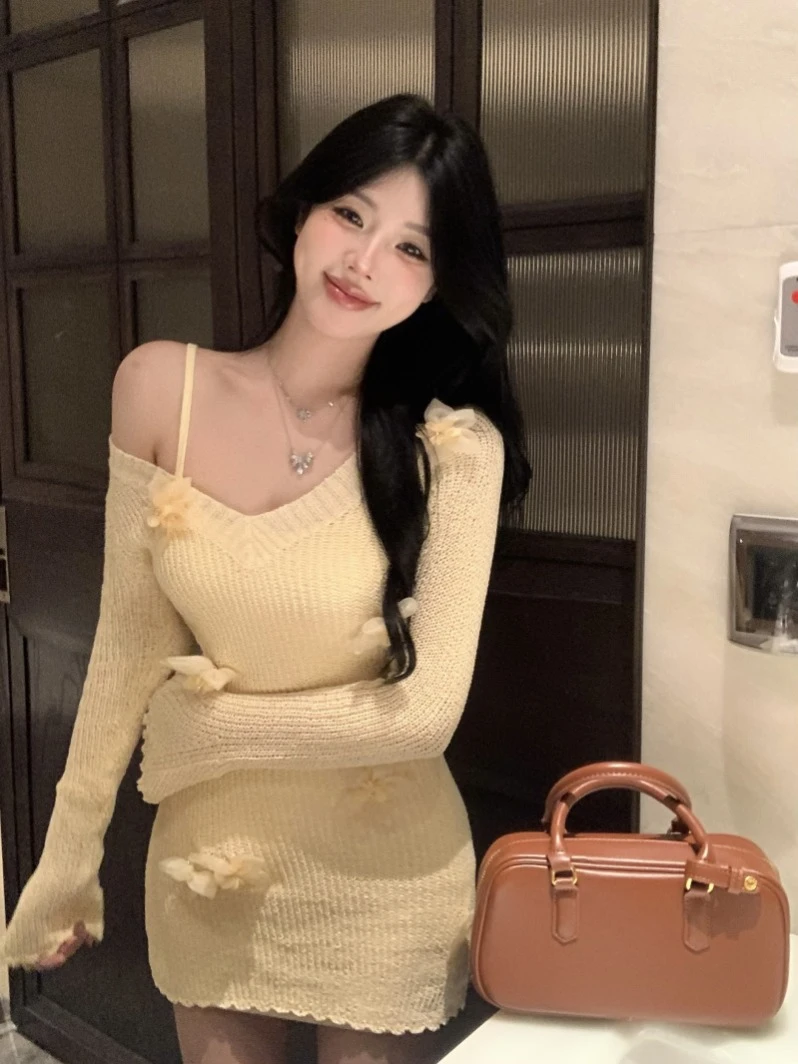 2025春季新款叶流花純欲性感针织连衣裙女春季新款吊带裙两件套潮