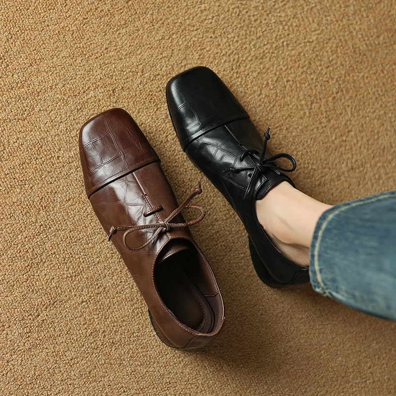 头层真皮深口方头系带复古英伦风低跟粗跟鞋子女百搭时尚秋冬单鞋