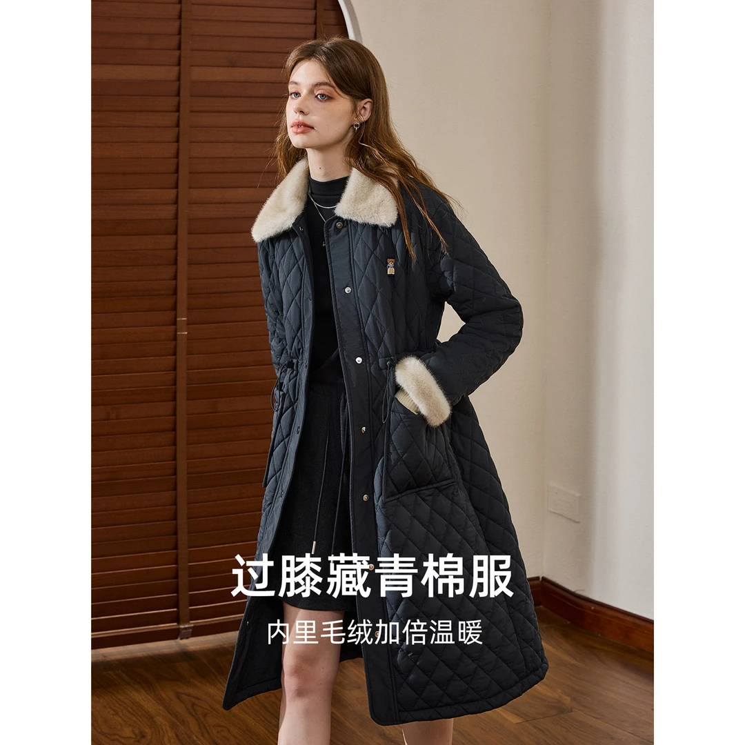 库恩玛维复古名媛风毛领棉服女2025年冬季新款菱形绗棉中长款棉衣