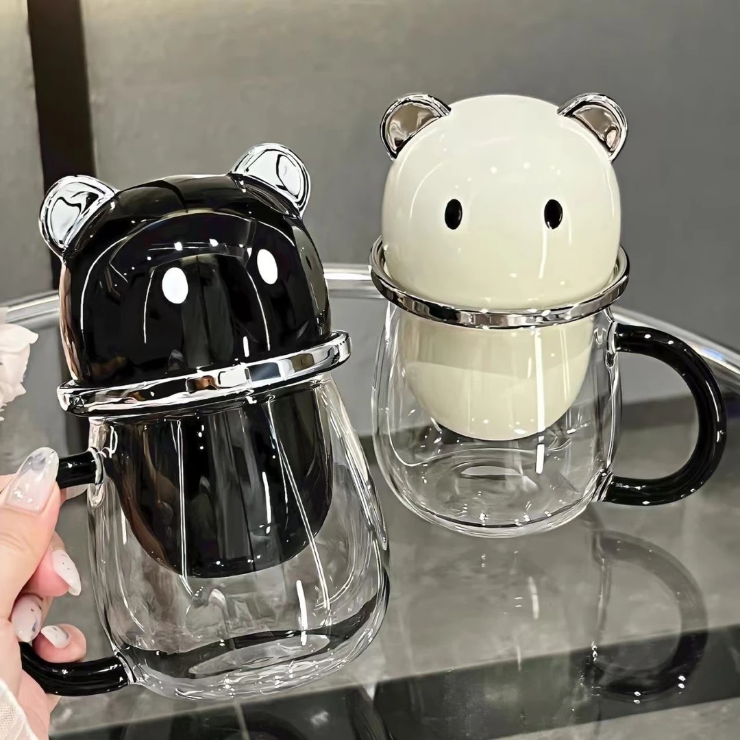 高颜值泡茶玻璃杯ins旋转式小熊水杯上班族带茶漏水分离杯办公室