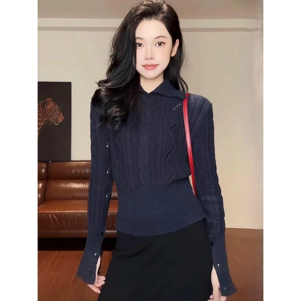 翻领麻花下摆收腰显瘦百搭针织上衣毛衣女秋冬气质上衣+半身裙