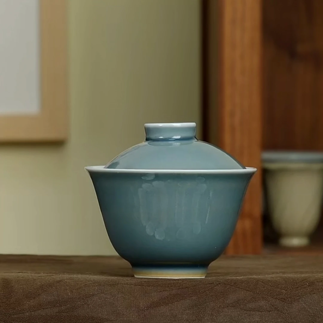 云木在风来水面茶碗天青色陶瓷功夫茶具海盐蓝手绘盖碗家用泡茶碗