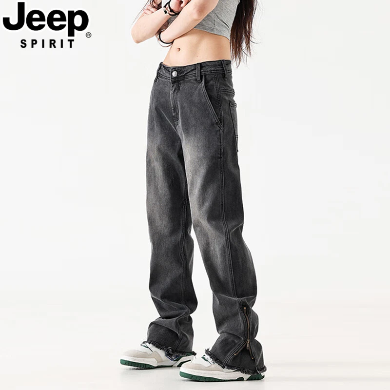 JEEPSPIRIT吉普宽松高级感牛仔裤男士直筒黑色潮流休闲裤男女同款