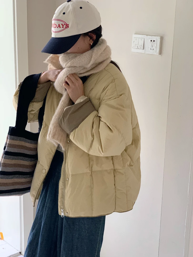 韩系撞色袖口拼接圆领减龄女2025冬季时尚小个子羽绒服外套1129