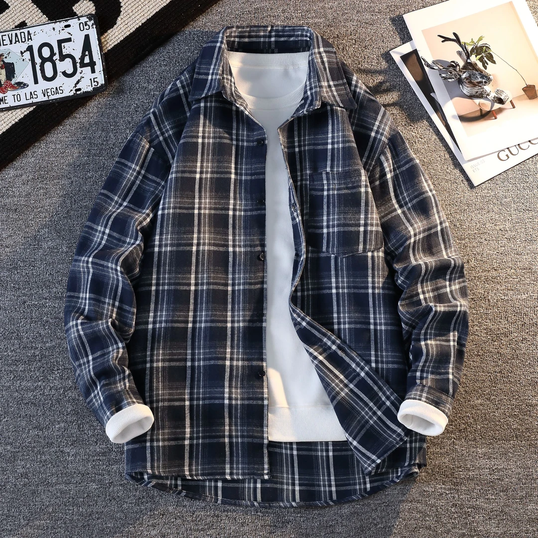NINEDAO/玖岛秋季美式潮流cleanfit风格子衬衫男宽松休闲长袖外套