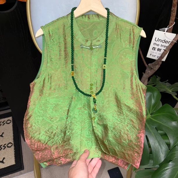 “祖母绿”马甲 浮光锦 定制款 清凉透气文艺重工夏季马夹