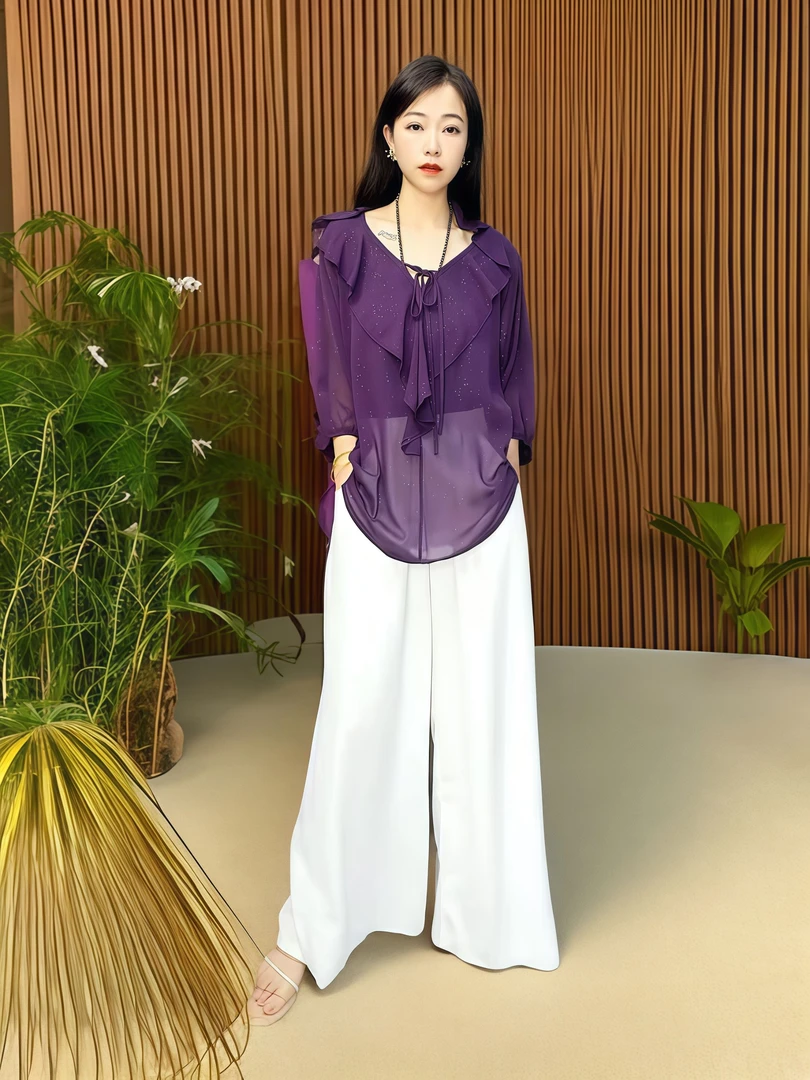 通勤女装时尚休闲防晒圆领百搭衬衫显瘦气质宽松上衣6866（紫色）