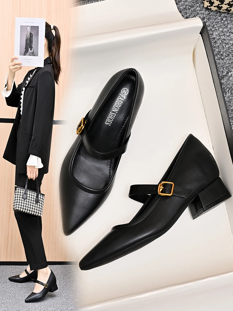 学院风粗跟玛丽珍鞋软皮尖头单鞋一字带工作鞋黑色职业内增高女鞋