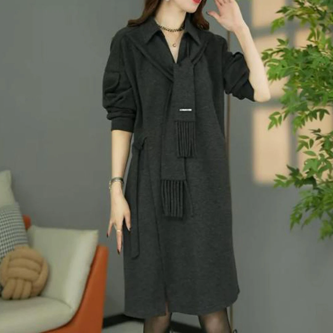 时尚气质减龄纯色连衣裙女2025秋季新款POLO领遮肉显瘦系带A字裙