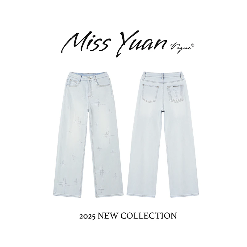 M.Y媛总 2025夏季设计师新款烫钻水洗蓝遮肉显瘦高腰直筒牛仔裤