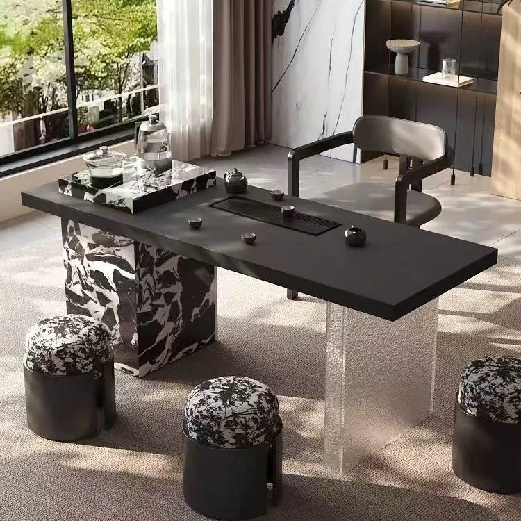 轻奢现代简约岩板茶台意式极简别墅设计创意艺术客厅茶桌一体全套