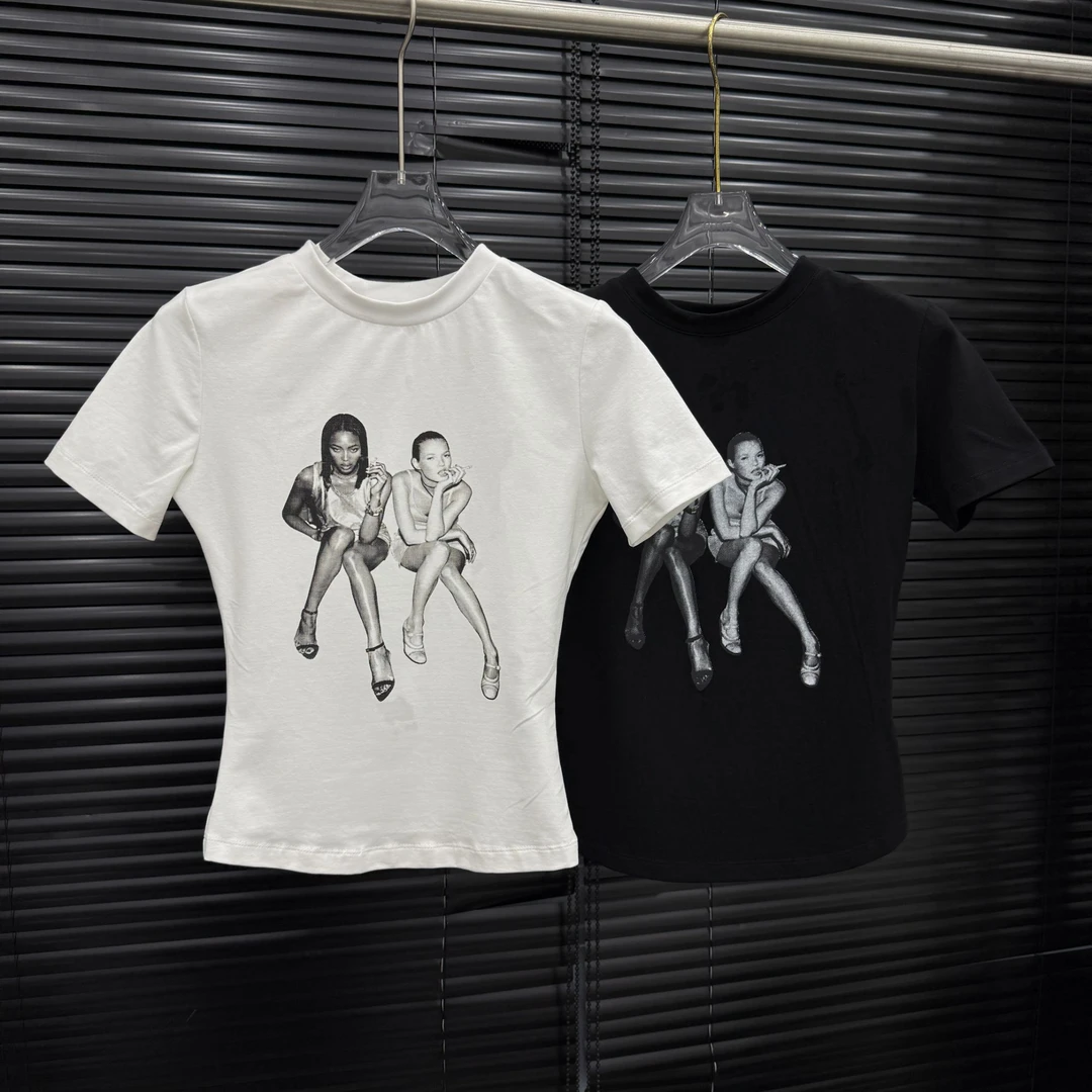 付新博女装小众设计欧美风杂志风印花圆领修身短袖T恤女14018